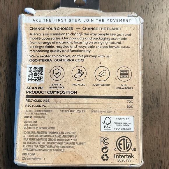 4Terra Recycled Duel Port USB-A Wall Charger - Picture 2 of 3